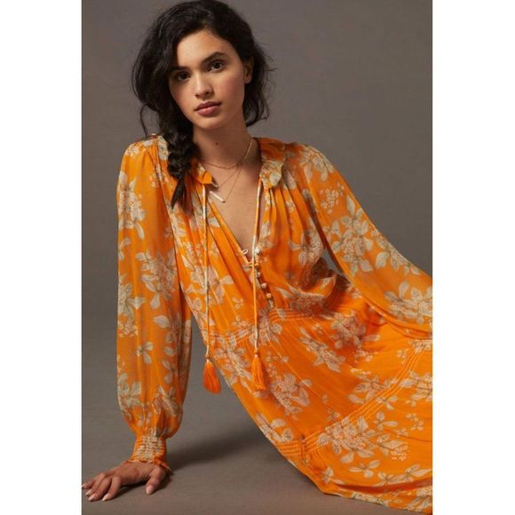 Anthropologie The Marais Printed Chiffon Maxi Dress in Orange Motif, NWT XS - Picture 2 of 8